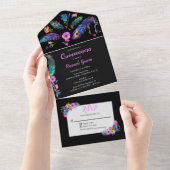 ピーコックフェザー&フラワークインセアニラブラック オールインワン招待状 (貼ってはがせる)