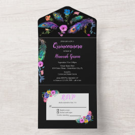 ピーコックフェザー&フラワークインセアニラブラック オールインワン招待状