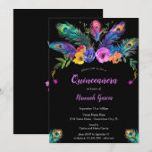 ピーコックフェザー&フラワーブラッククインチェニェラ 招待状 (正面/裏面)