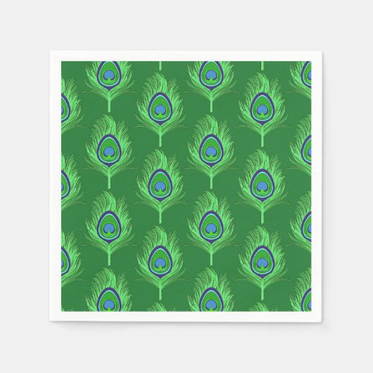 ピーコックフェザー、ライムグリーンのエメラルドグリーン スタンダードカクテルナプキン (正面)