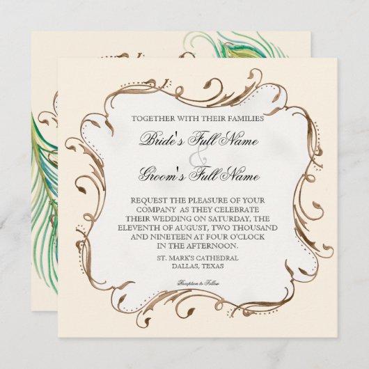 ピーコックフェザーNスワーズモダン結婚式招待状 招待状 (正面/裏面)