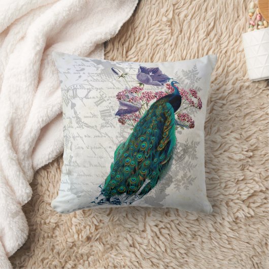 ピーコックフラワーズヴィンテージグラフィックアカラフルート クッション (ブランケット)