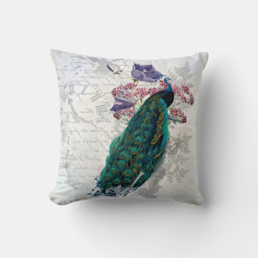 ピーコックフラワーズヴィンテージグラフィックアカラフルート クッション (正面)