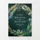 ピーコックフローラフェザーQRコードエメラルド結婚ズ 三つ折り招待状 (カバー)