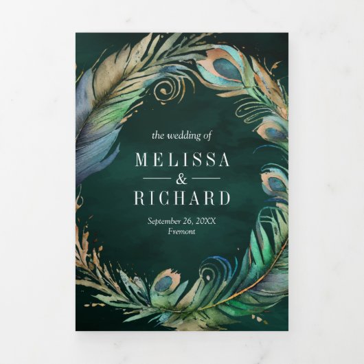 ピーコックフローラフェザーQRコードエメラルド結婚ズ 三つ折り招待状 (カバー)