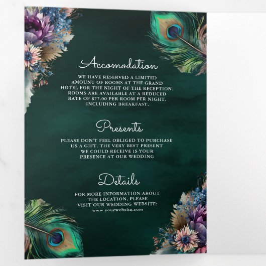 ピーコックフローラフェザーQRコードエメラルド結婚ズ 三つ折り招待状 (内部最初)