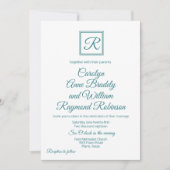 ピーコックブルーのモノグラム結婚式招待状 招待状 (正面)