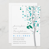ピーコックブルーの鳥たち ツリーの中で グレーの葉 招待状 (正面/裏面)