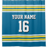 ピーコックブルーイエローホワイトストライプスポーツジャージー シャワーカーテン (正面)