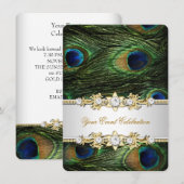 ピーコックブルーグリーンゴールドエレガントパーティー 招待状 (正面/裏面)