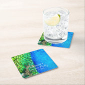 ピーコックブルーグリーンフェザーテクスチャサマービーブス スクエアペーパーコースター (インサイチュ)