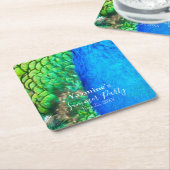 ピーコックブルーグリーンフェザーテクスチャサマービーブス スクエアペーパーコースター (アングル)