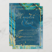 ピーコックブルーゴールドインクアブストラクトウェディング 招待状 (正面/裏面)