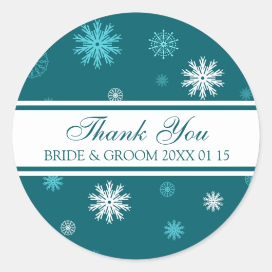 ピーコックブルーサンキューウィンターウェディングメッセージカード ラウンドシール (正面)