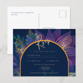 ピーコックブルージュエルトーンフローラ金ゴールド結婚文字 ポストカード