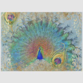 ピーコックブルーティール（緑がかった色）金ゴールドロココスクロール羽根 薄葉紙