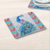 ピーコックブルーバードウォーターカラーアクアバラコースター スクエアペーパーコースター (アングル)