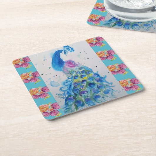 ピーコックブルーバードウォーターカラーアクアバラコースター スクエアペーパーコースター (アングル)