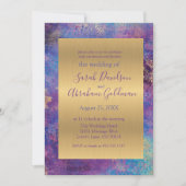 ピーコックブルーパープル抽象芸術結婚金ゴールド 招待状 (正面)