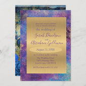 ピーコックブルーパープル抽象芸術結婚金ゴールド 招待状 (正面/裏面)