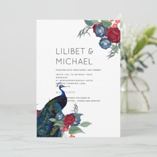 ピーコックブルーブルガンディーウィンター秋の結婚式予算 招待状 (スタンド正面)