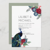 ピーコックブルーブルガンディーウィンター秋の結婚式予算 招待状 (正面/裏面)