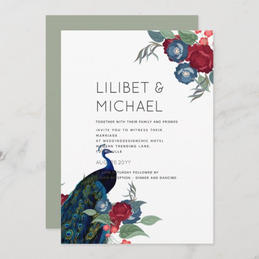 ピーコックブルーブルガンディーウィンター秋の結婚式予算 招待状 (正面/裏面)