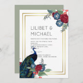 ピーコックブルーブルガンディーウィンター秋の結婚式 招待状 (正面/裏面)