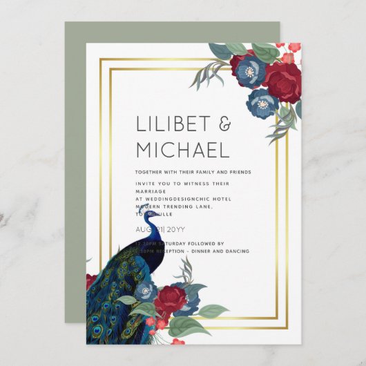 ピーコックブルーブルガンディーウィンター秋の結婚式 招待状 (正面/裏面)