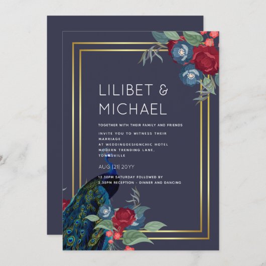 ピーコックブルーブルグンディウィンター秋の結婚式 招待状 (正面/裏面)