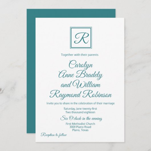 ピーコックブルーモノグラムの結婚式招待状 招待状 (正面/裏面)
