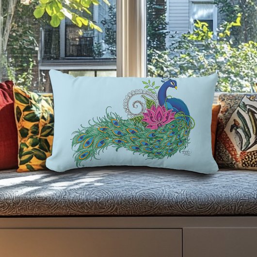 ピーコックブルーロータスフラワーヘンナ ランバークッション