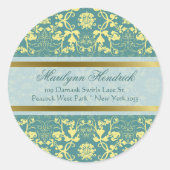 ピーコックブルーヴィンテージダマスクレース差出人住所 ラウンドシール (正面)