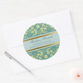 ピーコックブルーヴィンテージダマスクレース差出人住所 ラウンドシール (封筒)