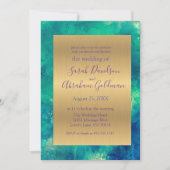 ピーコックブルー抽象芸術結婚金ゴールド 招待状 (正面)