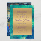 ピーコックブルー抽象芸術結婚金ゴールド 招待状 (正面/裏面)