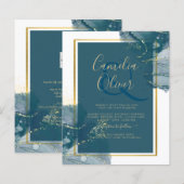 ピーコックブルー金ゴールドアルコールインクシックな結婚式の招待 (正面/裏面)