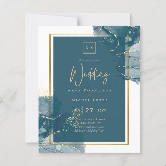 ピーコックブルー金ゴールドアルコールインクシックな結婚式の招待 (正面)