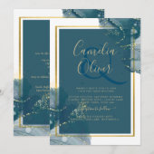 ピーコックブルー金ゴールドアルコールインクシックな結婚式の招待 招待状 (正面/裏面)