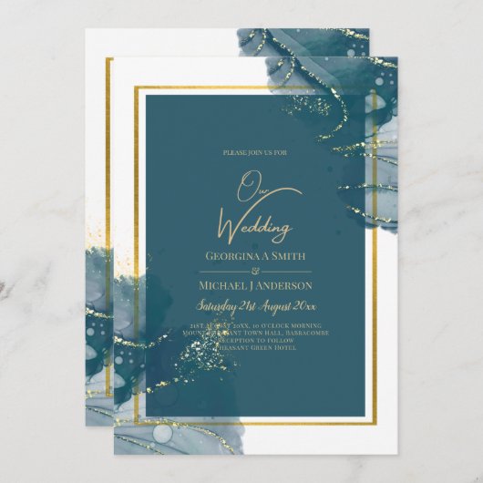ピーコックブルー金ゴールドアルコールインクシックな結婚式の招待 招待状 (正面/裏面)