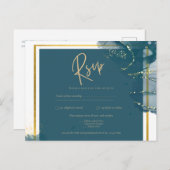 ピーコックブルー金ゴールドアルコールインクシック結婚式RSVP ポストカード (正面/裏面)