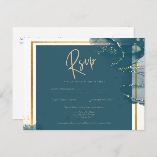 ピーコックブルー金ゴールドアルコールインクシック結婚式RSVP ポストカード (正面/裏面)