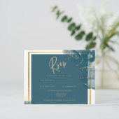 ピーコックブルー金ゴールドアルコールインクシック結婚式RSVP ポストカード (スタンド正面)