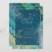 ピーコックブルー金ゴールドインク結婚抽象芸術 招待状 (正面/裏面)