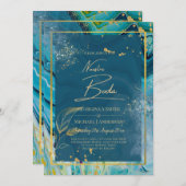 ピーコックブルー金ゴールドインク結婚抽象芸術 招待状 (正面/裏面)