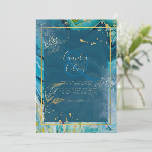 ピーコックブルー金ゴールドインク結婚抽象芸術 招待状 (スタンド正面)