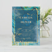 ピーコックブルー金ゴールドインク結婚抽象芸術 招待状 (スタンド正面)