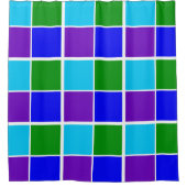 ピーコックブルー、グリーンとパープルの正方形 シャワーカーテン (正面)