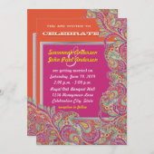 ピーコックペイズリータンゲリンマスタードイエロー明るい赤紫色 招待状 (正面/裏面)