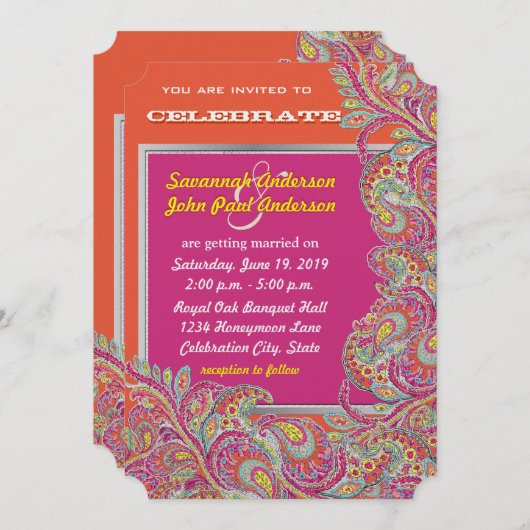 ピーコックペイズリータンゲリンマスタードイエロー明るい赤紫色 招待状 (正面/裏面)